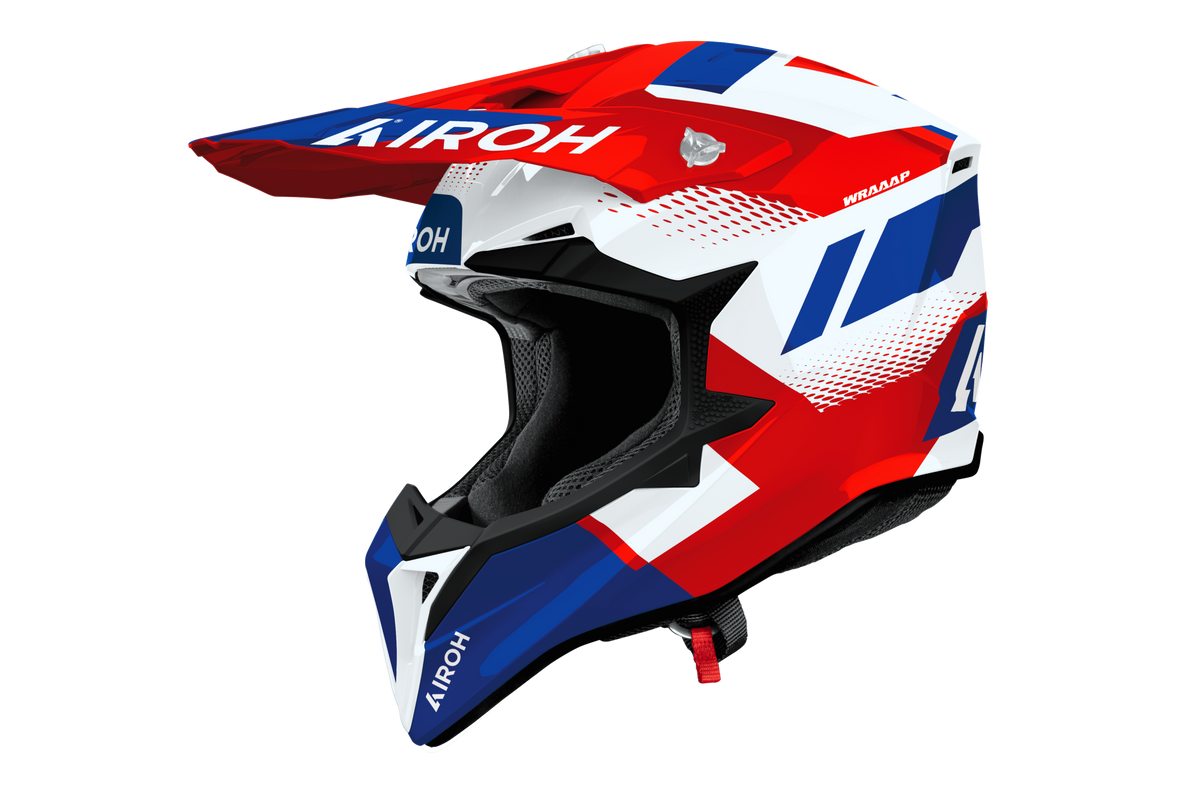 Casco cross Airoh Wraaap Vision bianco rosso blu, vista tre quarti anteriore sinistra