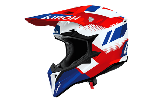 Casco cross Airoh Wraaap Vision bianco rosso blu, vista tre quarti anteriore sinistra