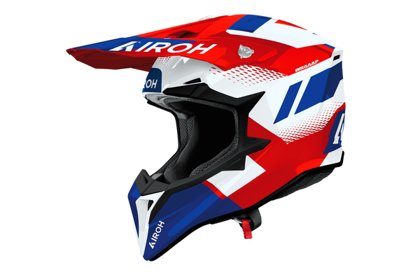 Casco cross Airoh Wraaap Vision bianco rosso blu, vista tre quarti anteriore sinistra