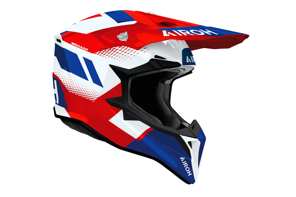 Airoh Wraaap Vision bianco rosso blu codice WRAV55, lato destro con frontino removibile