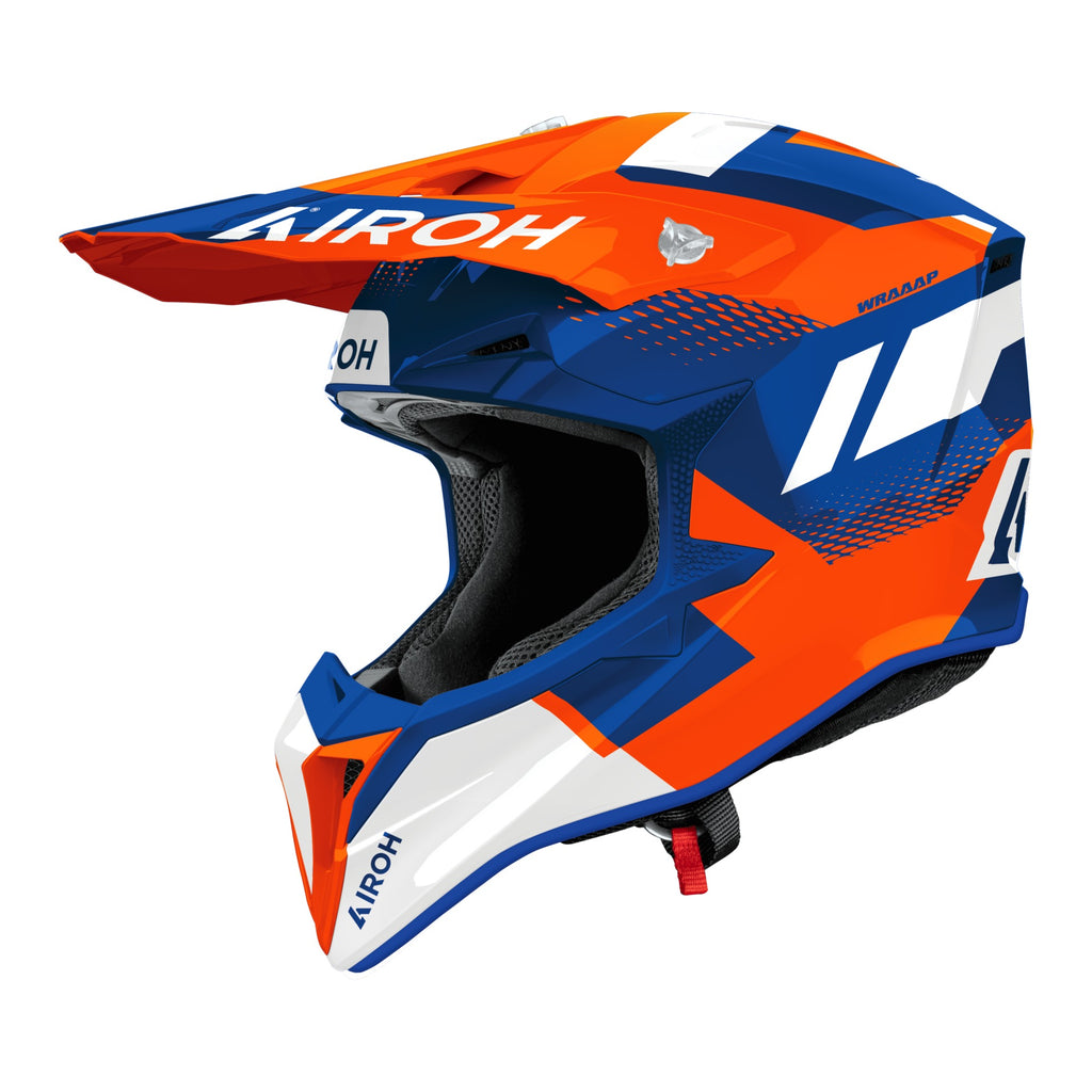 Airoh Wraaap Vision Blu/Arancio Lucido (WRAV32), casco cross visto dal lato sinistro con frontino, grafica blu e arancio con dettagli bianchi, lucida