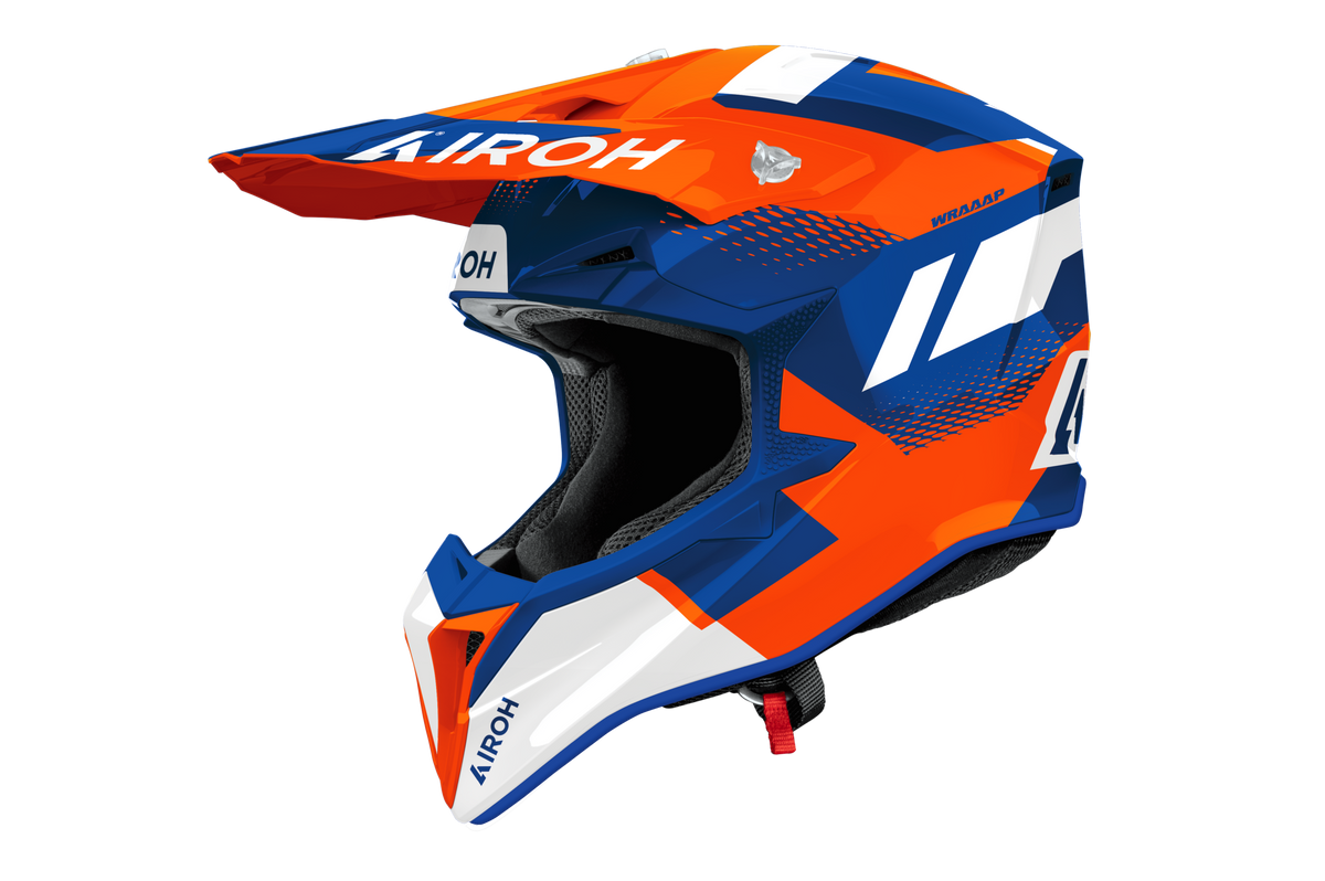 Casco cross Airoh Wraaap Vision blu arancione, vista tre quarti anteriore sinistra