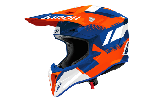 Casco cross Airoh Wraaap Vision blu arancione, vista tre quarti anteriore sinistra