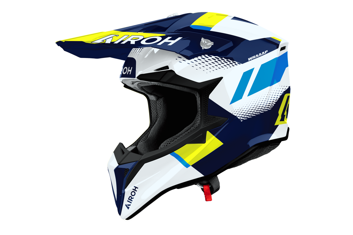 Casco cross Airoh Wraaap Vision blu giallo, vista tre quarti anteriore sinistra