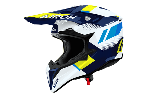 Casco cross Airoh Wraaap Vision blu giallo, vista tre quarti anteriore sinistra