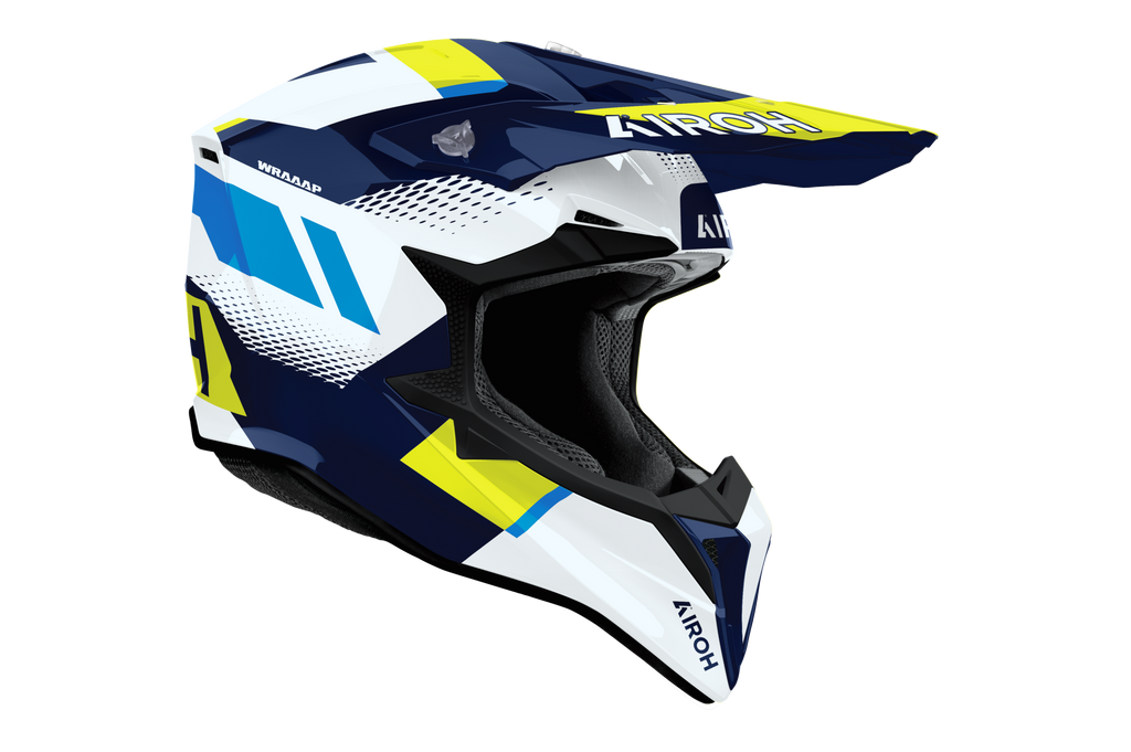 Airoh Wraaap Vision blu giallo codice WRAV31, lato destro con frontino removibile