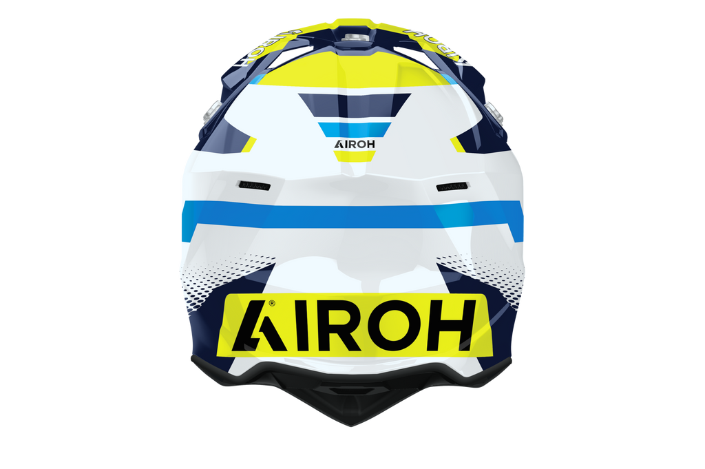 Wraaap Vision Airoh in blu giallo, vista frontale con calotta HRT e presa sulla mentoniera