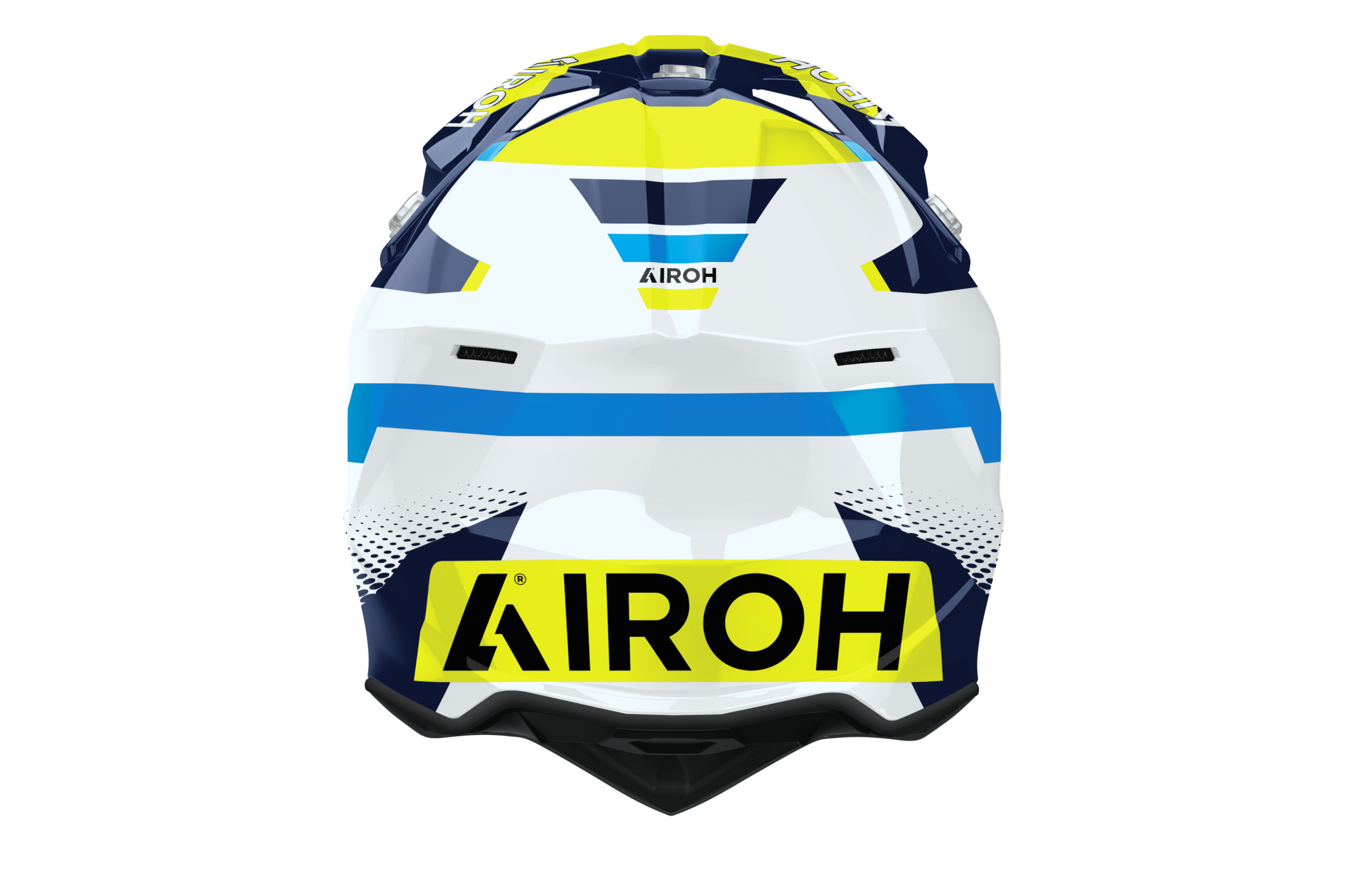 Wraaap Vision Airoh in blu giallo, vista frontale con calotta HRT e presa sulla mentoniera