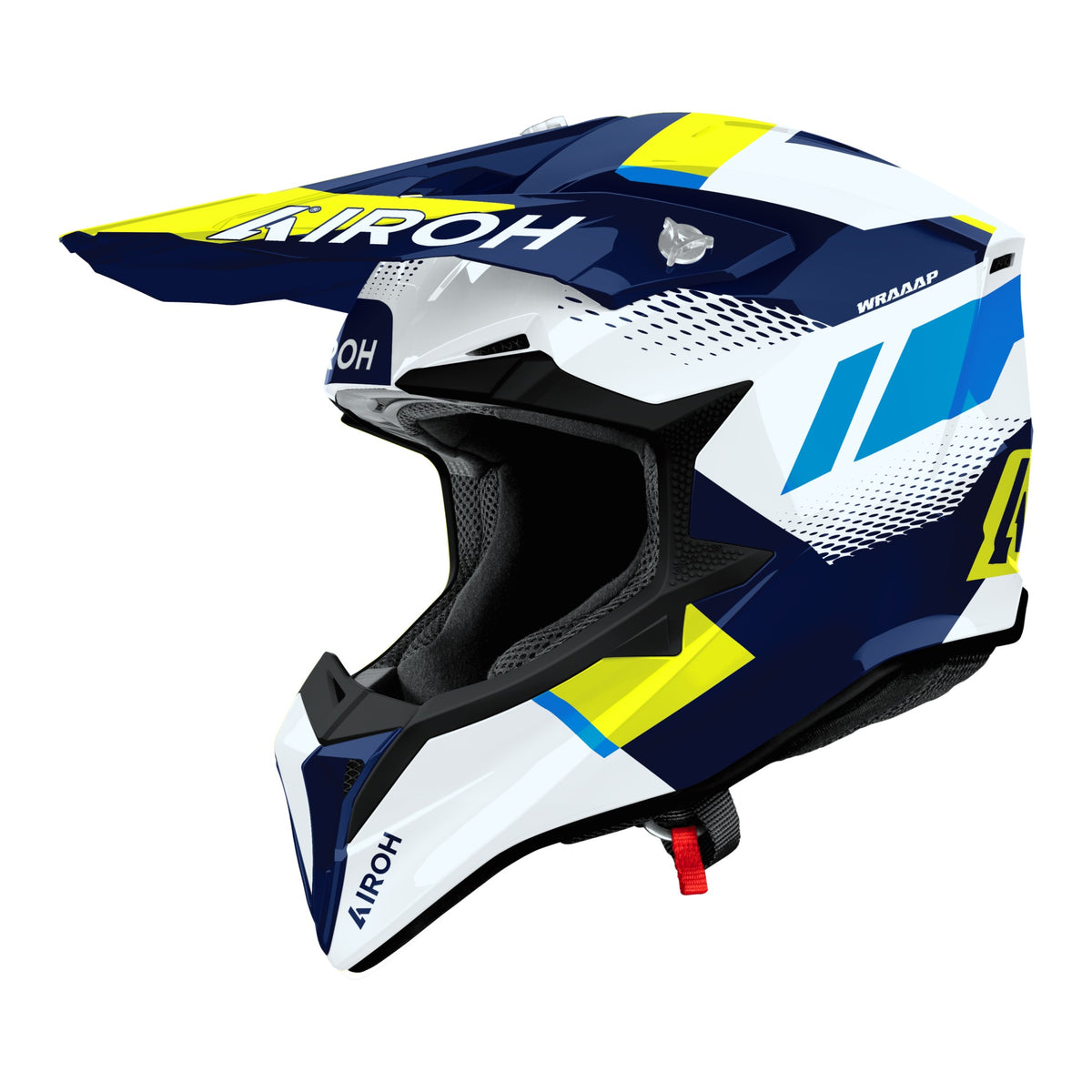 Airoh Wraaap Vision Blu/Giallo Lucido (WRAV31), casco cross visto dal lato sinistro con frontino, grafica blu scuro con inserti giallo fluo e bianchi, lucida