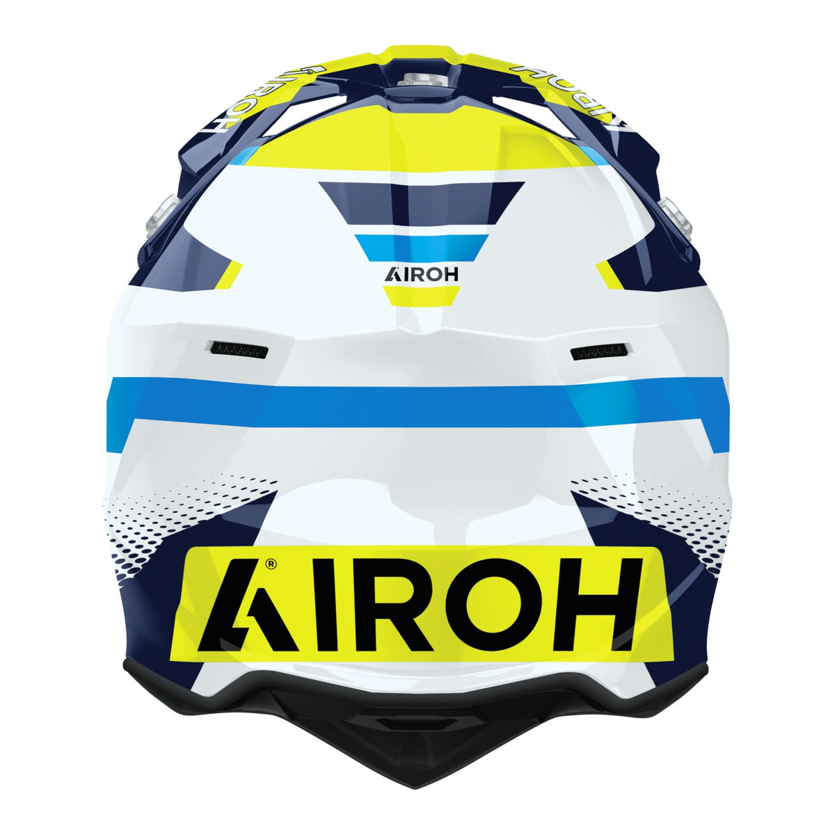 Airoh Wraaap Vision Blu/Giallo Lucido visto da dietro, con la parte posteriore della calotta in termoplastica HRT