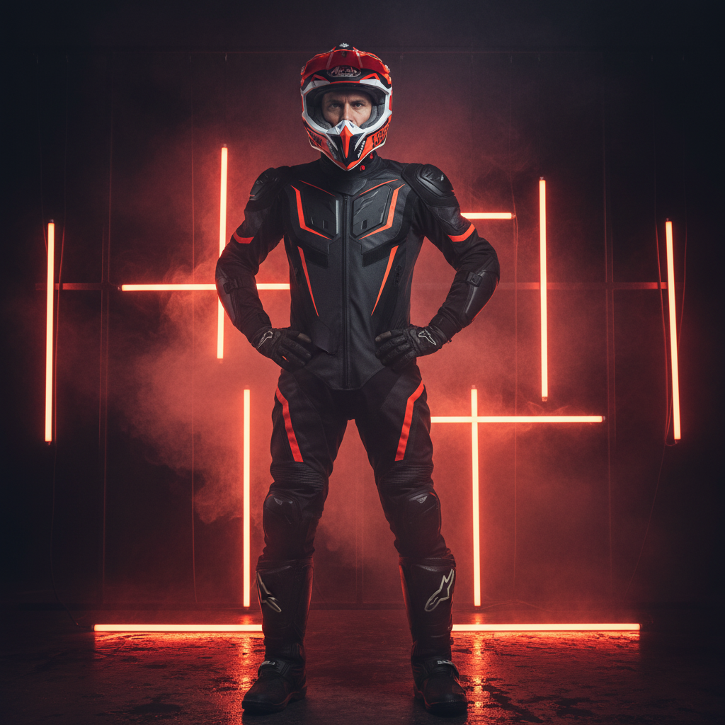 Motociclista in tuta nera con il casco Airoh Wraap Broken fra luci al neon rosse