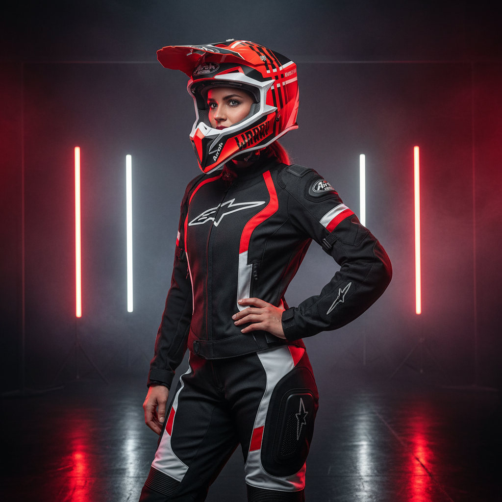Motociclista donna in tuta nera e rossa con il casco Airoh Wraap Broken fra luci al neon