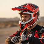 Pilota di motocross che si allaccia il casco Airoh Wraap Broken arancio, nero e bianco