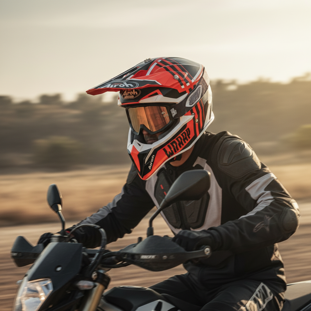 Motociclista su moto da cross su strada sterrata al tramonto con il casco Airoh Wraap Broken arancio e nero
