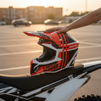 Casco cross Airoh Wraap Broken appoggiato sulla sella di una moto da enduro in un parcheggio