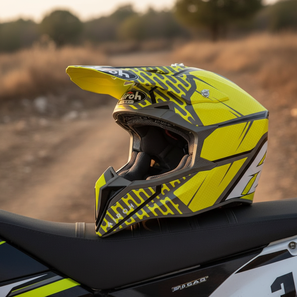 Casco cross Airoh Wraap Idol giallo fluo e antracite appoggiato sulla sella di una moto da cross, su una pista sterrata
