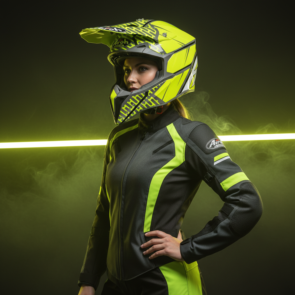 Motociclista donna in giacca nera e gialla con il casco cross Airoh Wraap Idol fra luci verdi al neon