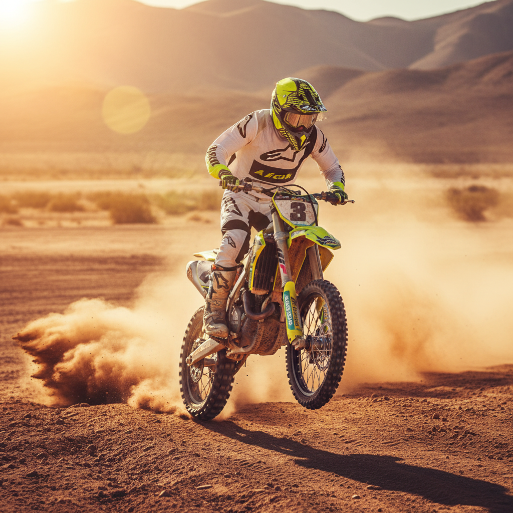 Pilota di motocross al tramonto su uno sterrato polveroso con il casco Airoh Wraap Idol giallo fluo