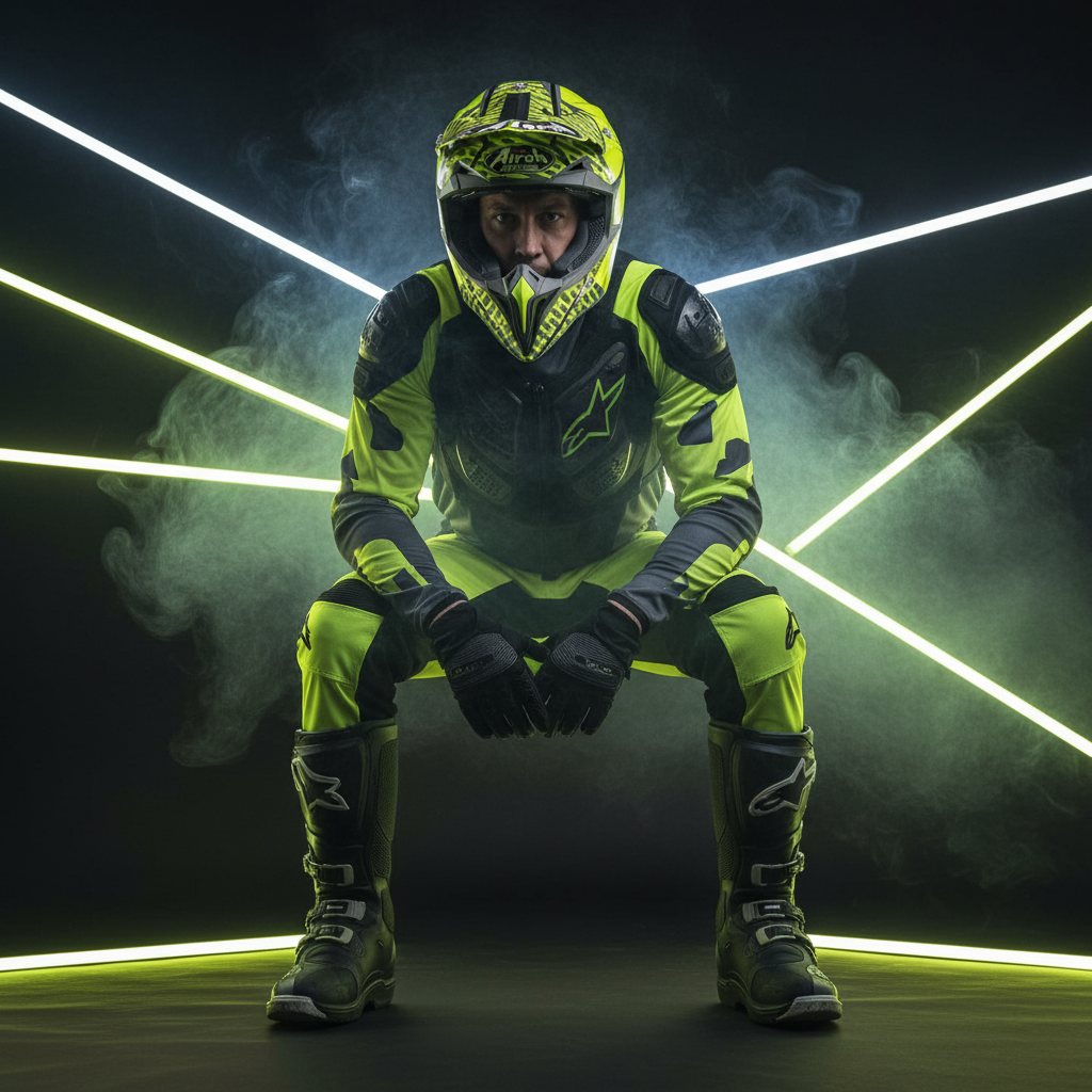 Pilota in tuta gialla e nera con il casco cross Airoh Wraap Idol fra luci al neon