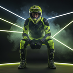 Pilota in tuta gialla e nera con il casco cross Airoh Wraap Idol fra luci al neon