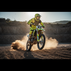 Pilota di motocross che alza la polvere in curva con il casco Airoh Wraap Idol giallo fluo
