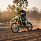 Pilota su moto da cross in una pista sterrata con il casco Airoh Wraap Idol giallo fluo
