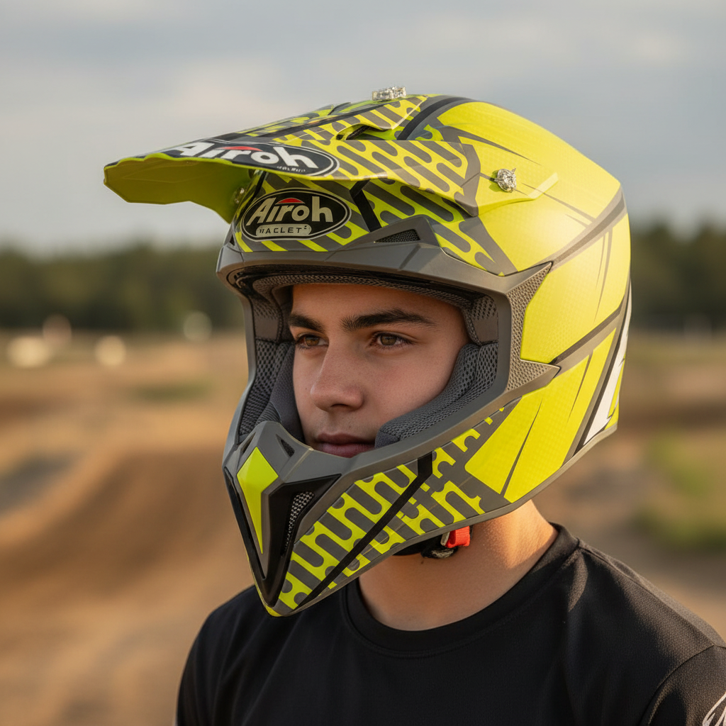 Ragazzo con il casco cross Airoh Wraap Idol giallo fluo e antracite a bordo pista