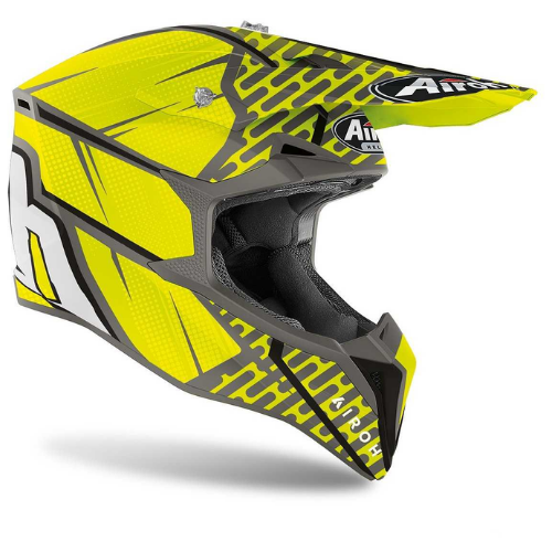 Casco cross Airoh Wraap Idol WRI31 giallo fluo e antracite opaco visto di tre quarti dal lato destro, con il frontino