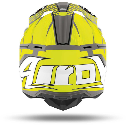 Retro del casco cross Airoh Wraap Idol WRI31 giallo fluo e antracite con la grande scritta Airoh bianca