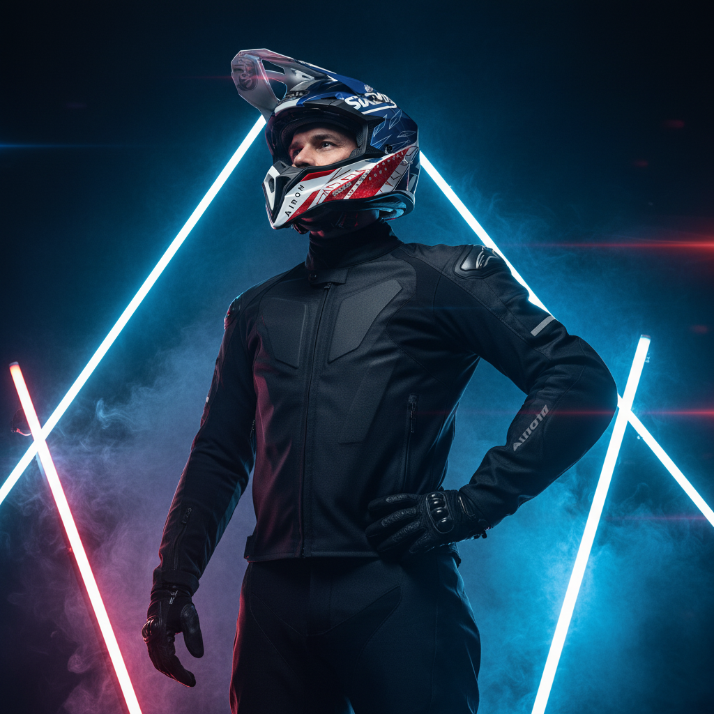 Motociclista in tuta nera con il casco Airoh Wraap Six Days 2022 France fra luci al neon blu e rosse