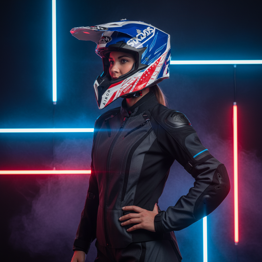Motociclista donna in giacca nera con il casco cross Airoh Wraap Six Days 2022 France fra luci al neon