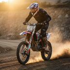 Pilota su moto da cross nella polvere al tramonto con il casco Airoh Wraap Six Days 2022 France