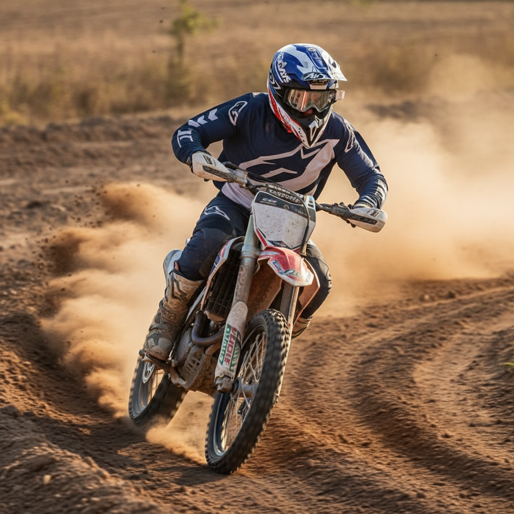Pilota di motocross in curva sulla pista sterrata con il casco Airoh Wraap Six Days 2022 France
