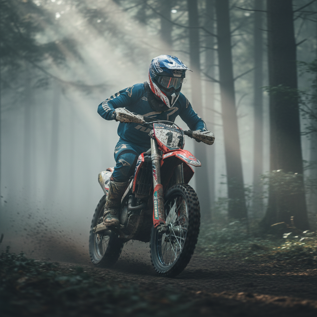 Pilota nel bosco con la nebbia con il casco cross Airoh Wraap Six Days 2022 France