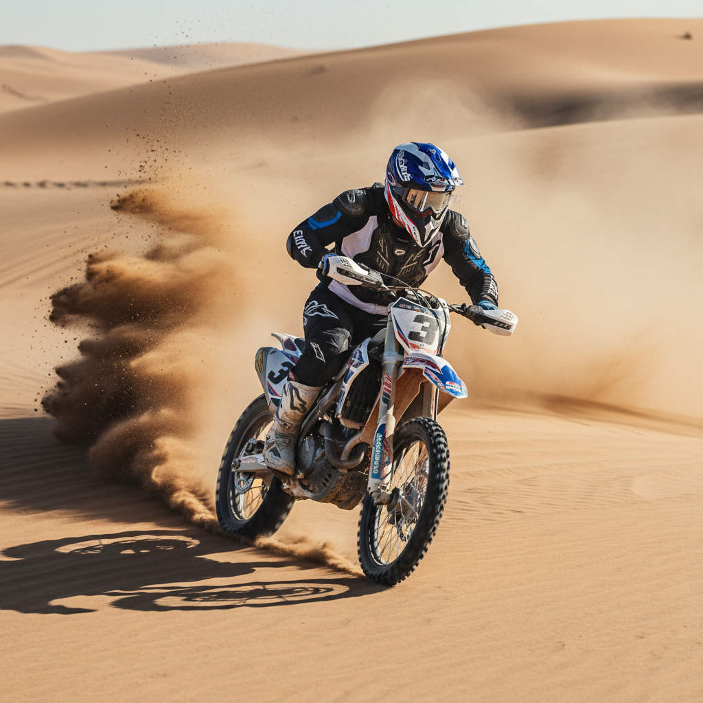 Pilota su moto da cross fra le dune di sabbia con il casco Airoh Wraap Six Days 2022 France