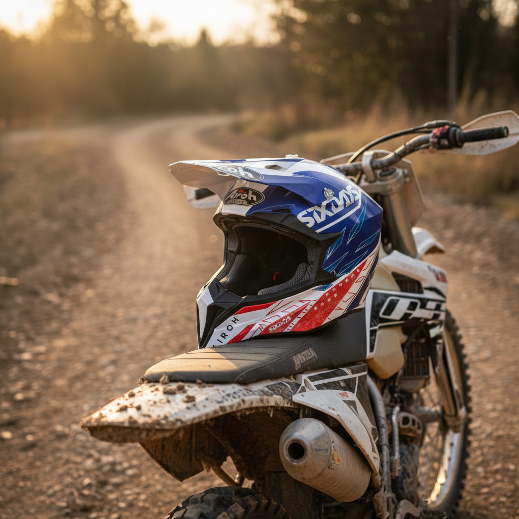 Casco cross Airoh Wraap Six Days 2022 France appoggiato sulla sella di una moto da cross su uno sterrato