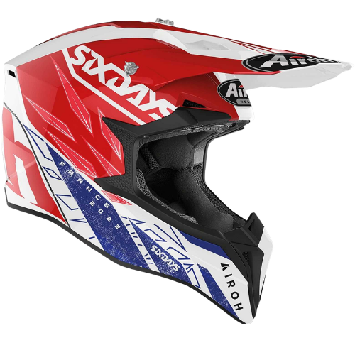 Casco cross Airoh Wraap Six Days 2022 France WRSX38 visto di tre quarti dal lato destro rosso, con scritta Six Days sul frontino