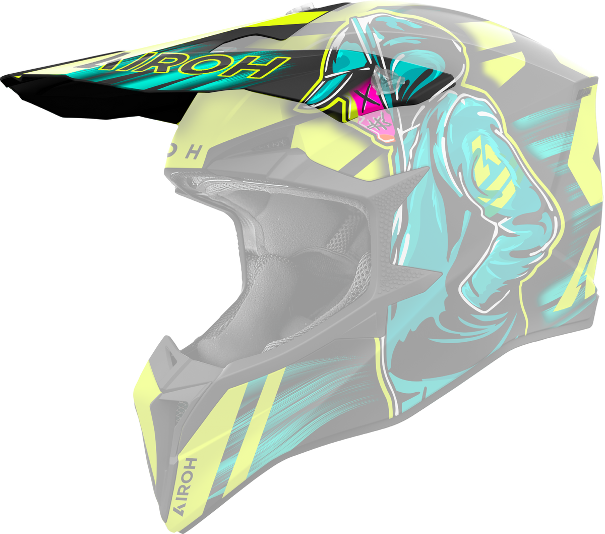 Frontino Cyber Giallo Opaco originale Airoh WRC31F per casco Wraaap, mostrato su un casco in trasparenza, foto ufficiale del ricambio