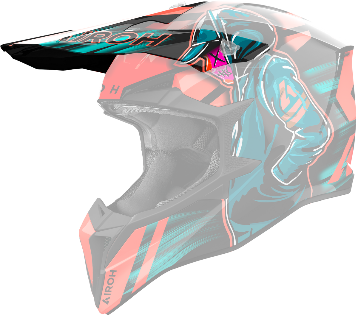 Frontino Cyber Arancione Lucido originale Airoh WRC32F per casco Wraaap, mostrato su un casco in trasparenza, foto ufficiale del ricambio