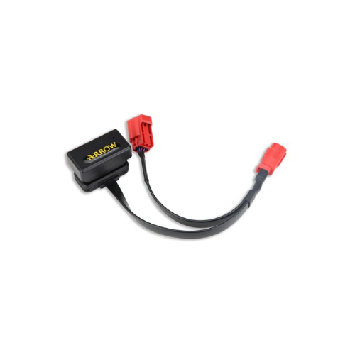 Dispositivo Arrow A.R.D. 11001EM: modulo nero con cablaggio a Y, connettori rossi e spina OBD