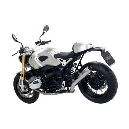 BMW R nineT bianca con terminale Arrow Pro-Race, vista di tre quarti posteriore