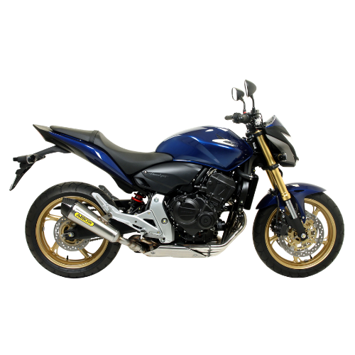 Honda CB 600 F Hornet blu con terminale Arrow in acciaio, vista laterale destra