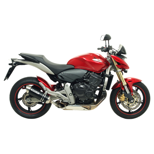 Honda CB 600 F Hornet rossa con terminale Arrow Thunder, vista laterale destra
