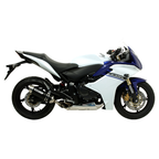 Honda CBR 600 F bianca e blu con terminale Arrow scuro, vista laterale destra