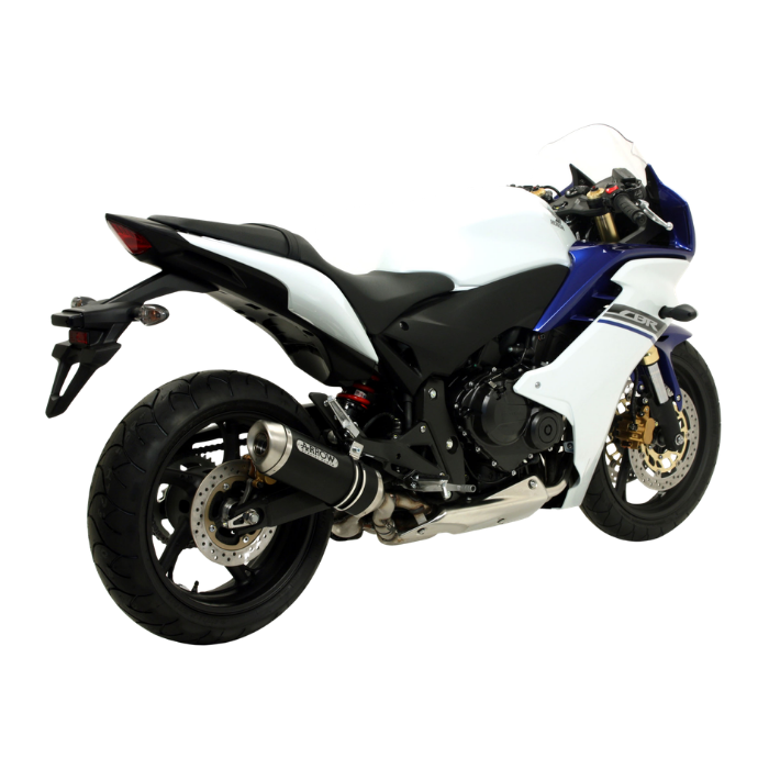 Honda CBR 600 F bianca e blu con impianto Arrow, vista di tre quarti anteriore