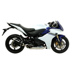 Honda CBR 600 F bianca e blu con terminale Arrow X-Kone, vista laterale destra