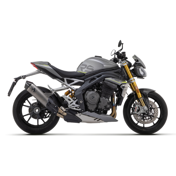 Triumph Speed Triple 1200 con terminale Arrow Race-Tech montato, vista laterale destra