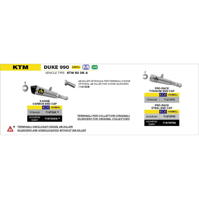 Schema di montaggio Arrow per KTM Duke 990 2024-2025 con il dB-Killer 11013DB e i terminali X-Kone