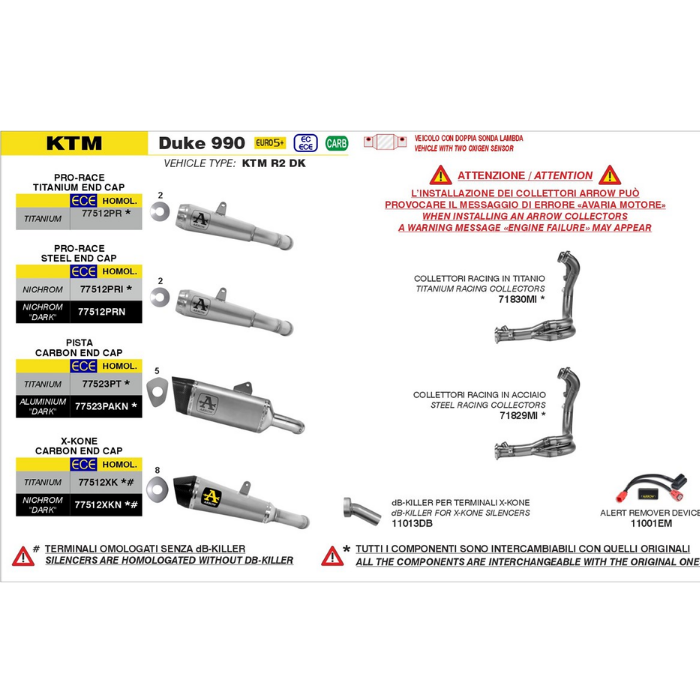 Schema di montaggio Arrow per KTM Duke 990 2026 con il dB-Killer 11013DB e i terminali X-Kone