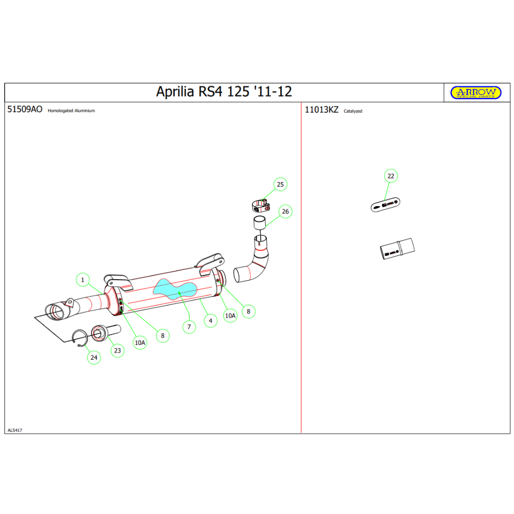 Disegno tecnico Arrow: montaggio su Aprilia RS4 125 del terminale 51509AO col catalizzatore 11013KZ